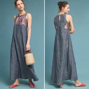 Anthropologie Duet Gatemore Maxi Dress Colorful Floral Embroidered Cotton Medium